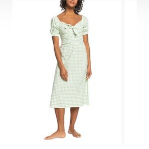 Roxy  Summertime Feeling Tie-Front Midi Dress Light Green Houndstooth Dress EUC